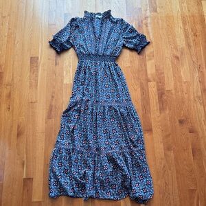 Max Studio marine blue patterned ruffle collar tiered maxi dress - Like new